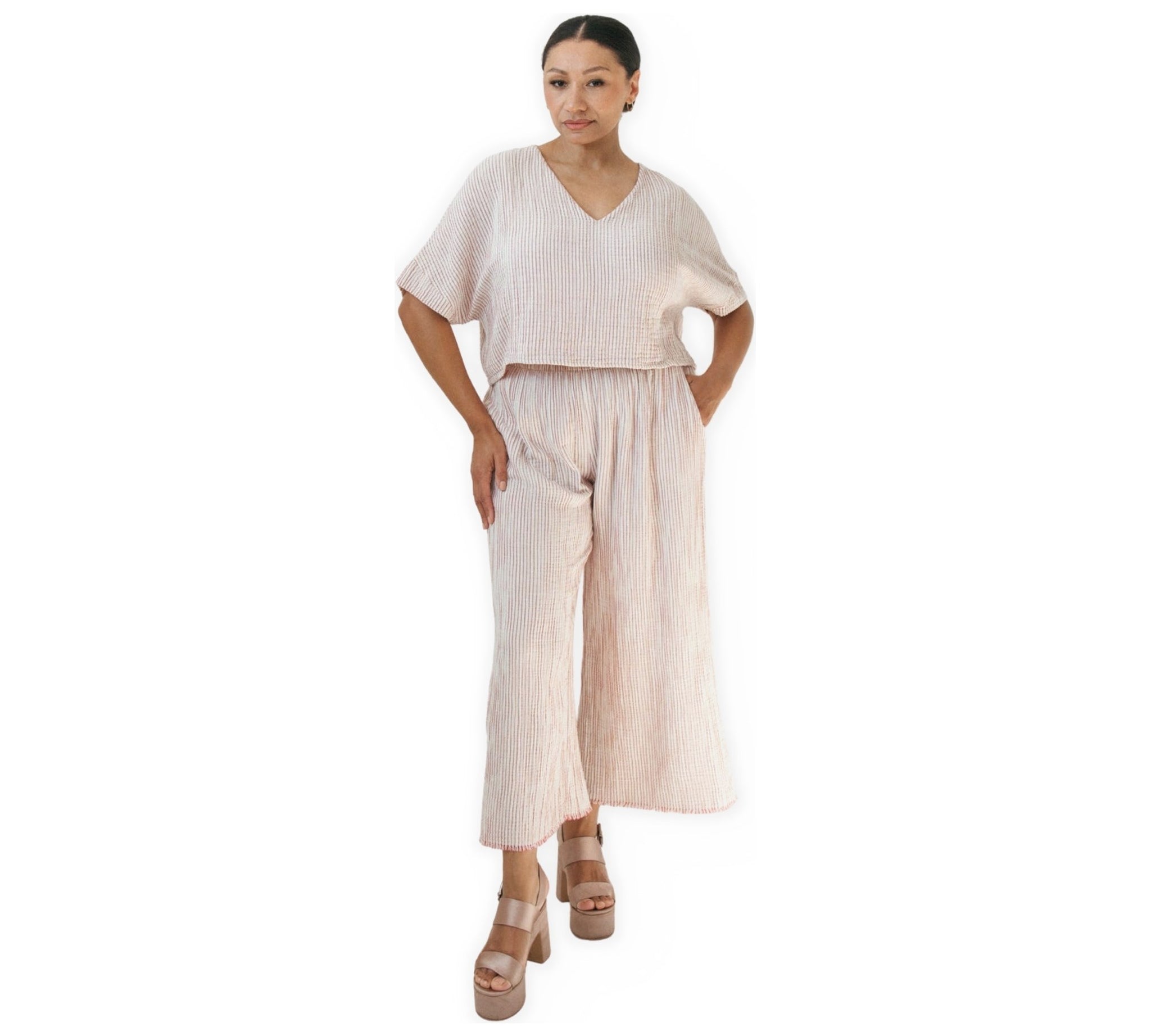 Striped Crinkle Cotton Palazzo Pants by Pokoloko