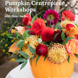 Autumn Blossom pumpkin centrepiece workshop poster with a floral pumpkin arrangement