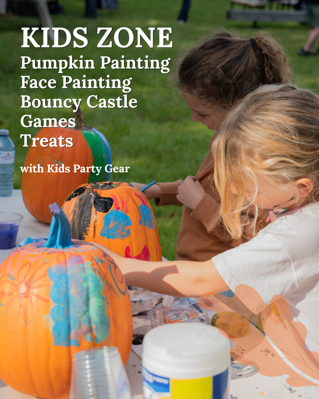 In Autumn Kids Zone poster: pumpkin painting, face painting, bouncy castle and games