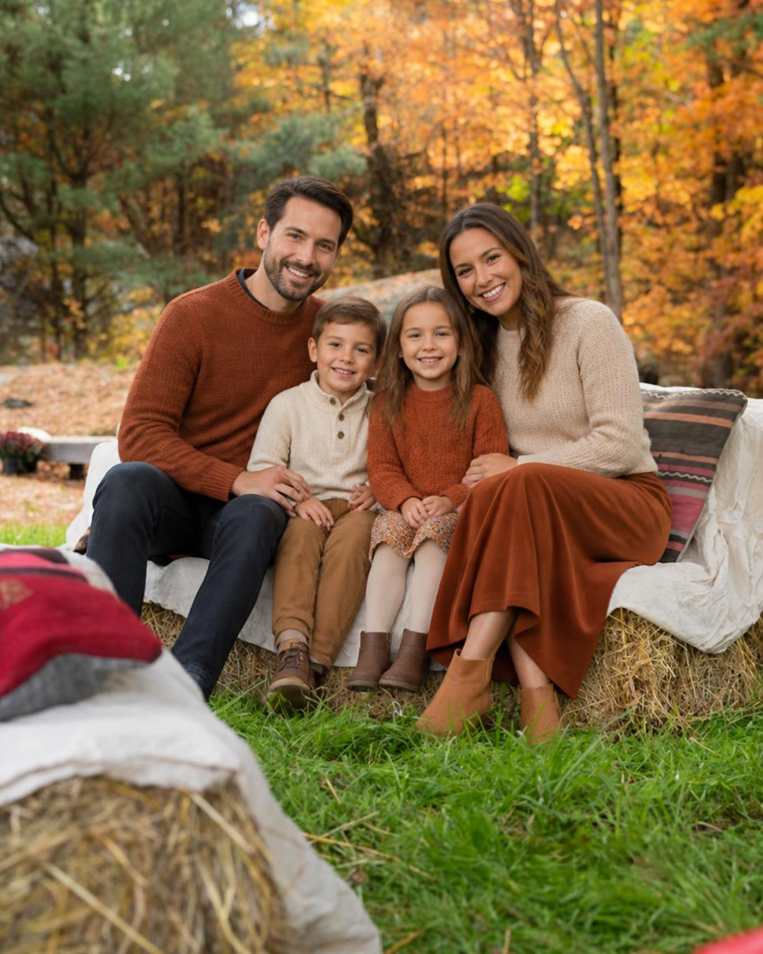 Family posing on hay bales against fall colours at the In Autumn mini photo sessions