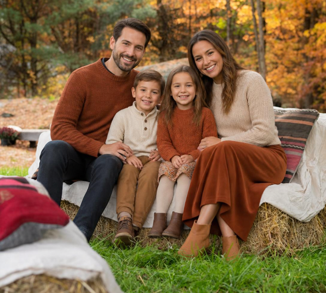 Family posing on hay bales against fall colours at the In Autumn mini photo sessions